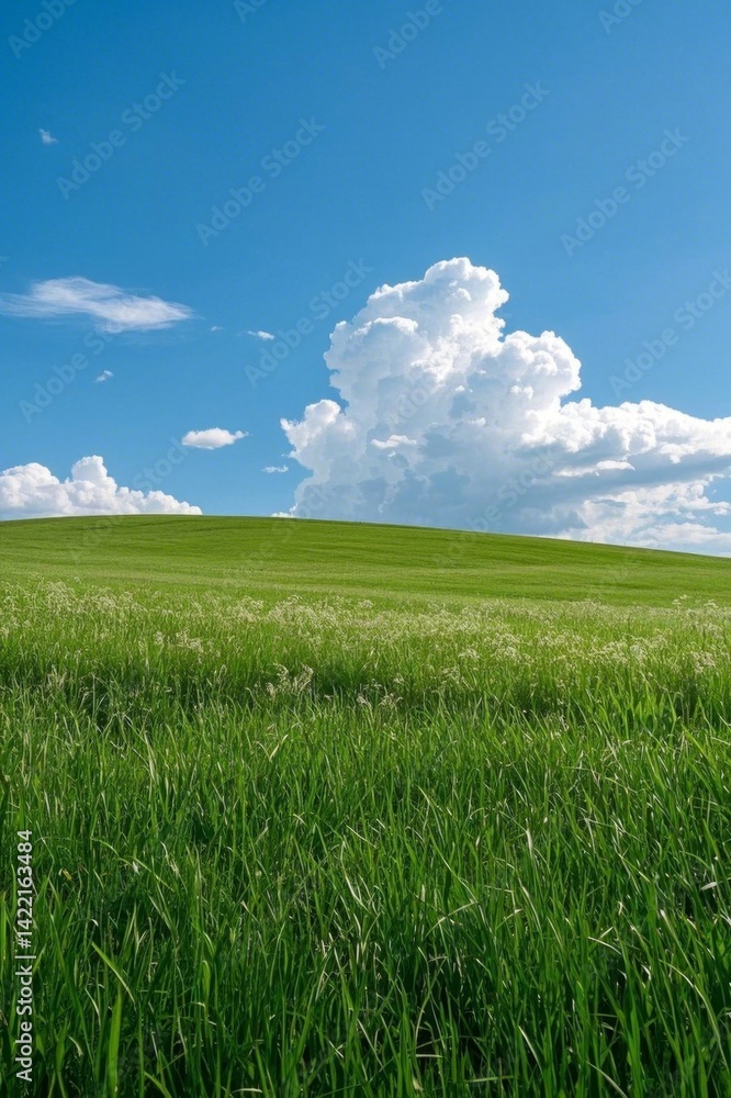 Obraz premium grassy field with a blue sky and clouds in the background