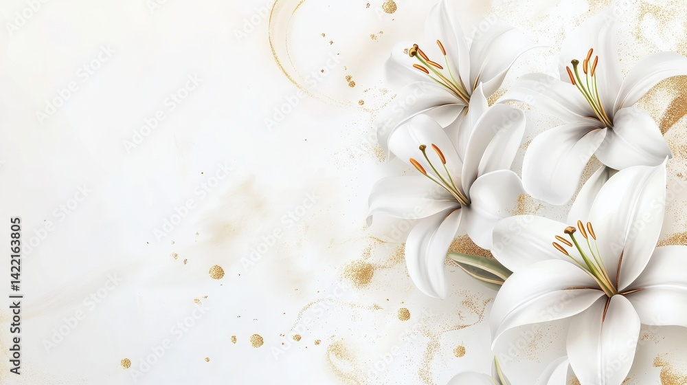 Fototapeta premium A wedding card with white lilies and gold accents, classy and romantic,
