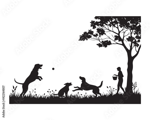 Vector scene with multiple dog silhouettes playing in a park—fetch, jumping, sniffing—black on white with grass detail, ideal for pet care branding or posters

