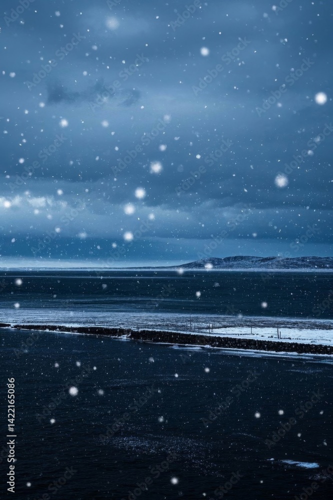 snowy night at the beach with a lone person walking on the shore snowy night at the beach with a lone person walking on the shore