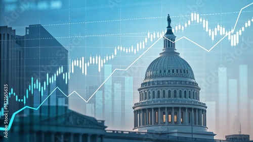A digital representation of the Capitol building with financial charts overlaying, symbolizing the intersection of politics and economics.