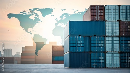 A stack of shipping containers against a backdrop of a world map, symbolizing global trade and logistics in an industrial setting.