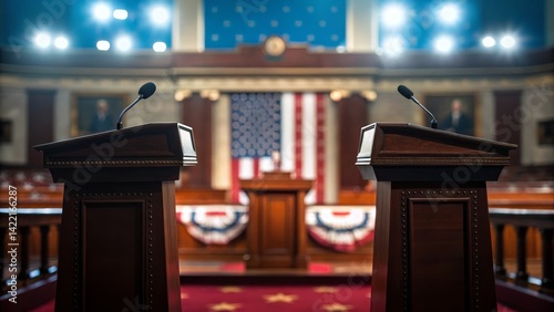 A grand legislative chamber featuring two podiums, an American flag backdrop, and a red carpet, suggesting a political event or debate setting.
