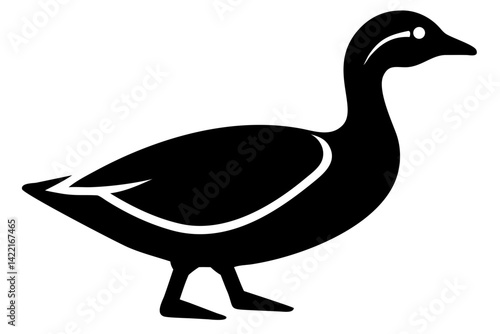 Black silhouette of a duck standing calmly on a flat surface during daylight hours in a minimalistic setting
