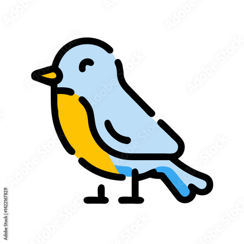 Colorful bird standing on a surface, showcasing vivid blue and yellow colors, demonstrating a playful cartoonish style with outlined features