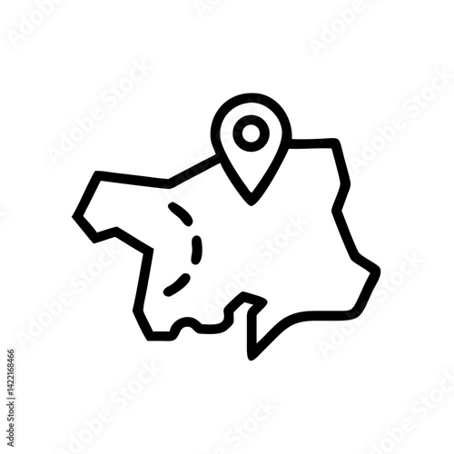 Digital map outline with location pin highlighted showing geographical detail of an area on blank background