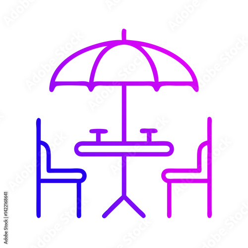 Outdoor dining setup with colorful umbrella situated in a sunny location with two chairs inviting relaxation and enjoyment