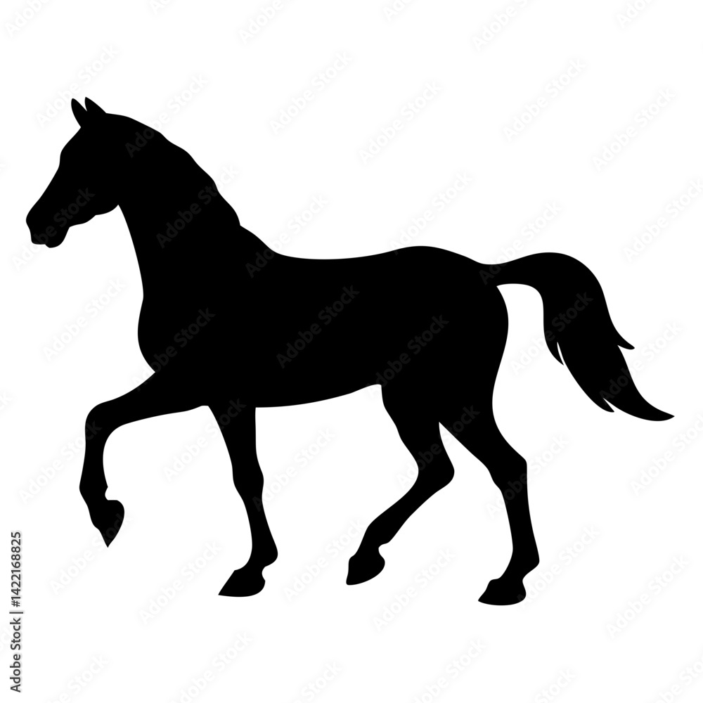 Obraz premium Black silhouette of a horse walking gracefully on a plain white background during daylight hours