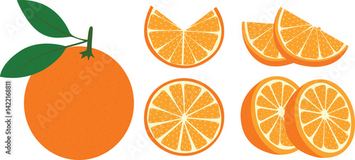 Fresh and sweet orange fruit set. Vector set of oranges with leaves, whole, half, cut and slice fruits isolated on white background, Best Orange clipart and Drawing, eps10. 