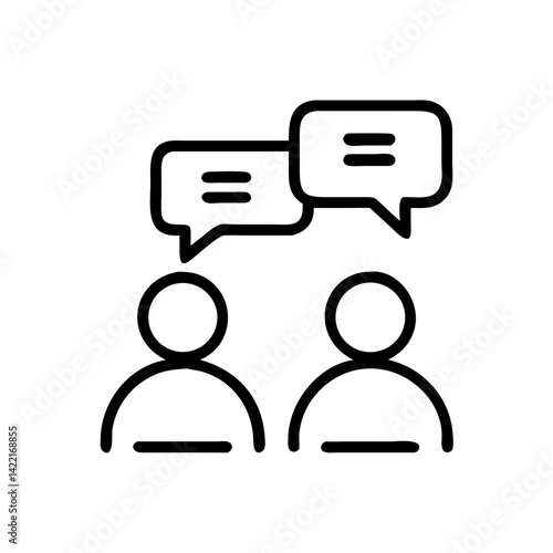 Two individuals engaged in a conversation with speech bubbles indicating discussion in a minimalist design