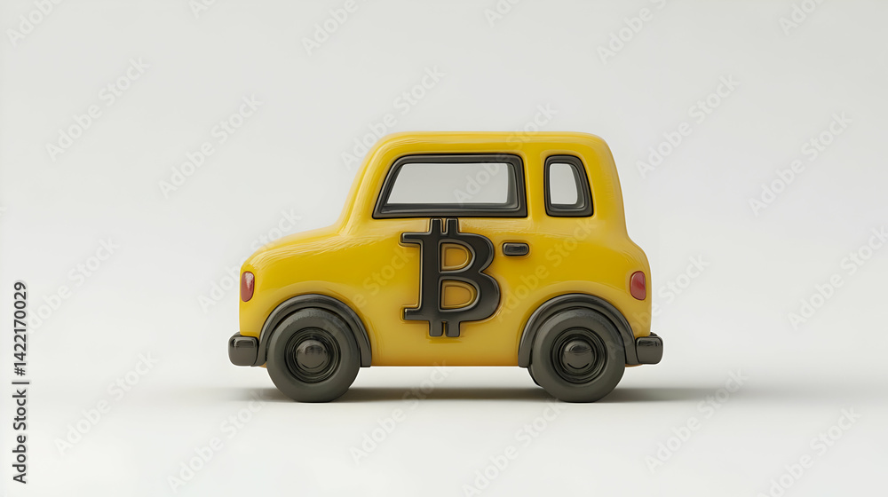 Yellow Toy Car with Bitcoin Symbol 3D Render