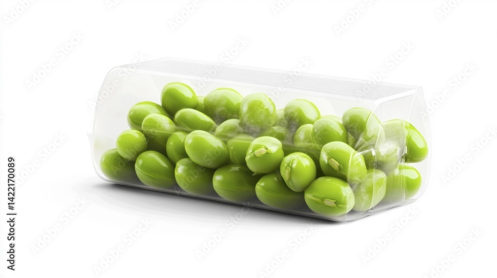 Frozen edamame in transparent packaging isolated on white background. Generative AI Frozen edamame in transparent packaging isolated on white background. Generative AI