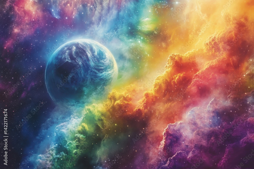 Obraz premium A spaceship crashes on a planet in a galaxy where the skies are a kaleidoscope of vibrant hues The crew learns that the colors of the sky are a sign of an impending catastrophic event,