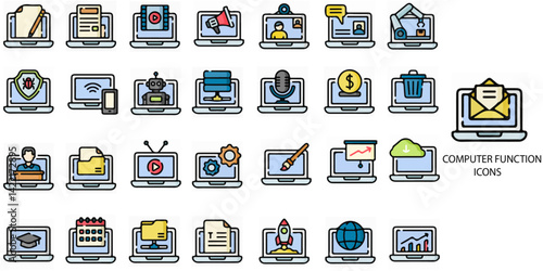Computer Function simple concept 28 colour icons set. Contains such Hiding, Adjust, Social Media, Star, Video, File, Function, Video Editing, Pencil Tool, Bold Option .Vector illustration.