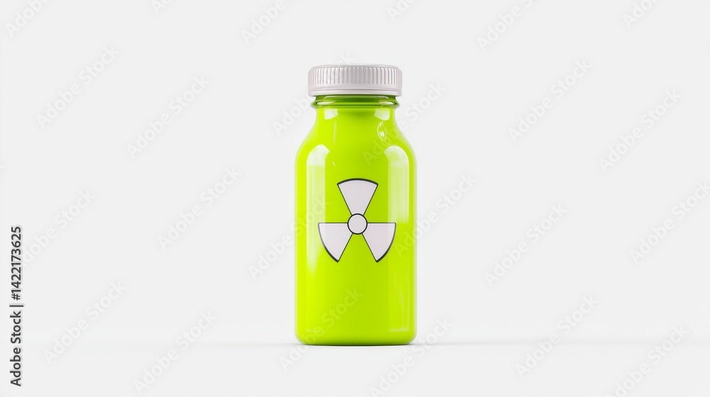 Bright Green Bottle Featuring Radioactive Warning Symbol on Clean White Background Bright Green Bottle Featuring Radioactive Warning Symbol on Clean White Background
