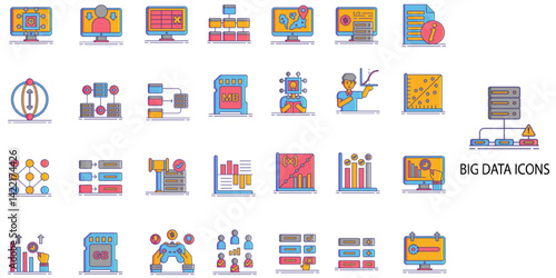 Information Technology simple concept 24 hand drawn color icons set. Contains such technology, security, management, hardware .Vector illustration.