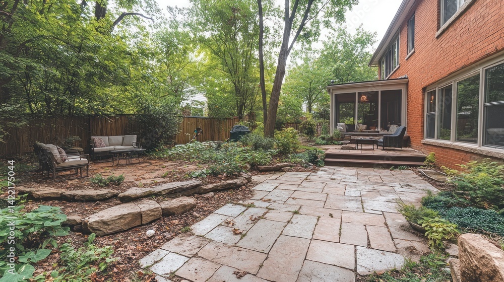 Fototapeta premium Serene Backyard Patio Oasis: Brick House, Stone Steps, and Lush Greenery