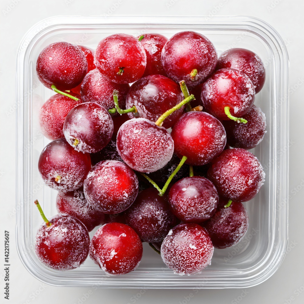 Fototapeta premium Frozen cherries in plastic container on white background