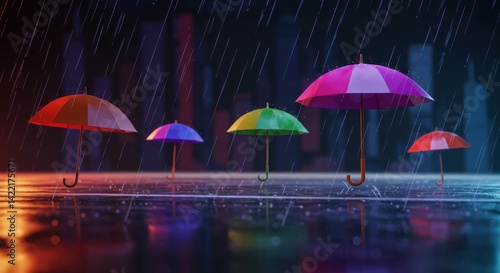 Wallpaper Mural Stylized Rainy City Scene with Sharp-Edged Umbrellas and Polygonal Raindrops Torontodigital.ca