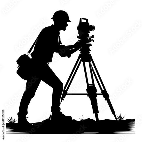 Construction worker using a theodolite silhouette on a landscape  