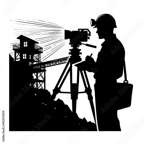 Surveyor measuring terrain with equipment at mining site  