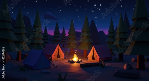 Wallpaper Mural Stylized Forest Camp with Low-Poly Tents and Glowing Fire Torontodigital.ca