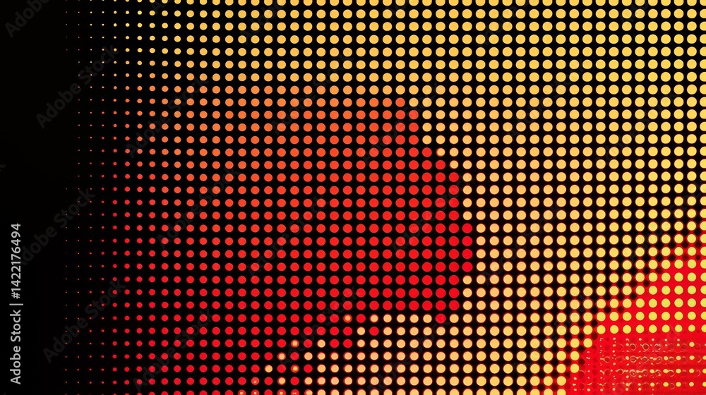 Close up of a red and yellow background with a black outline. The dots are very close together and the background is very dark Close up of a red and yellow background with a black outline. The dots are very close together and the background is very dark