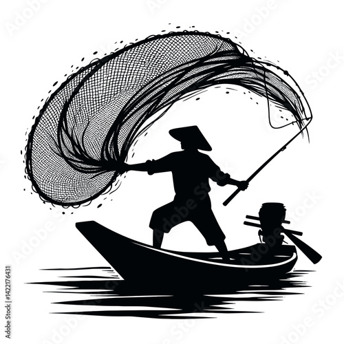 Fisherman casting net on boat in silhouette against water  