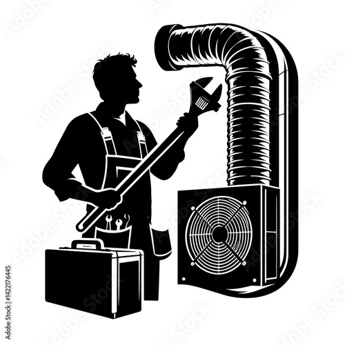 Technician adjusting ventilation system with wrench in silhouette  