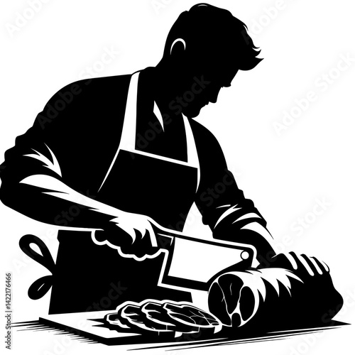 Chef carving meat with passion in a kitchen setting  