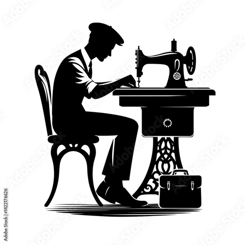 Tailor sewing at a vintage sewing machine in silhouette  