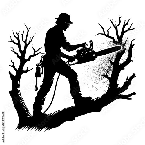Lumberjack using chainsaw to trim dead tree branches  