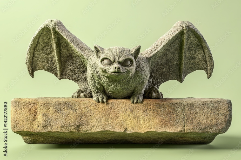 Fototapeta premium Stone gargoyle bat sculpture sits atop a ledge.