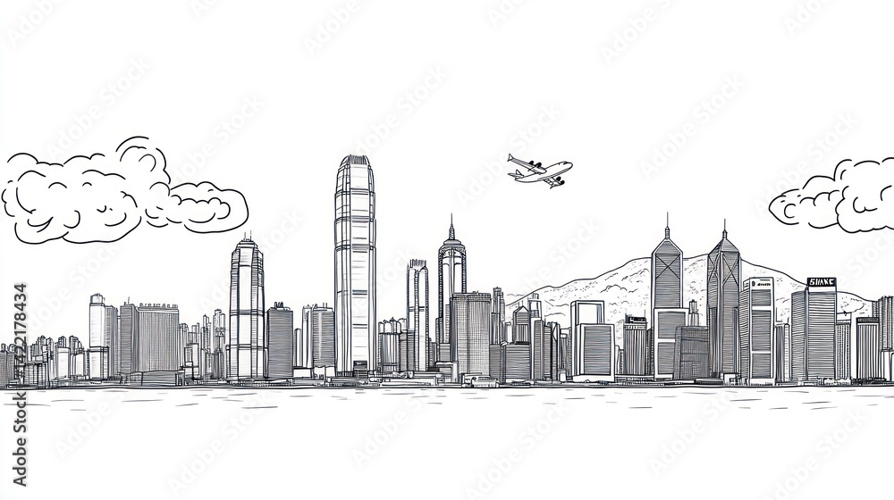 Obraz premium Hand-drawn Hong Kong skyline, airplane in sky, city background
