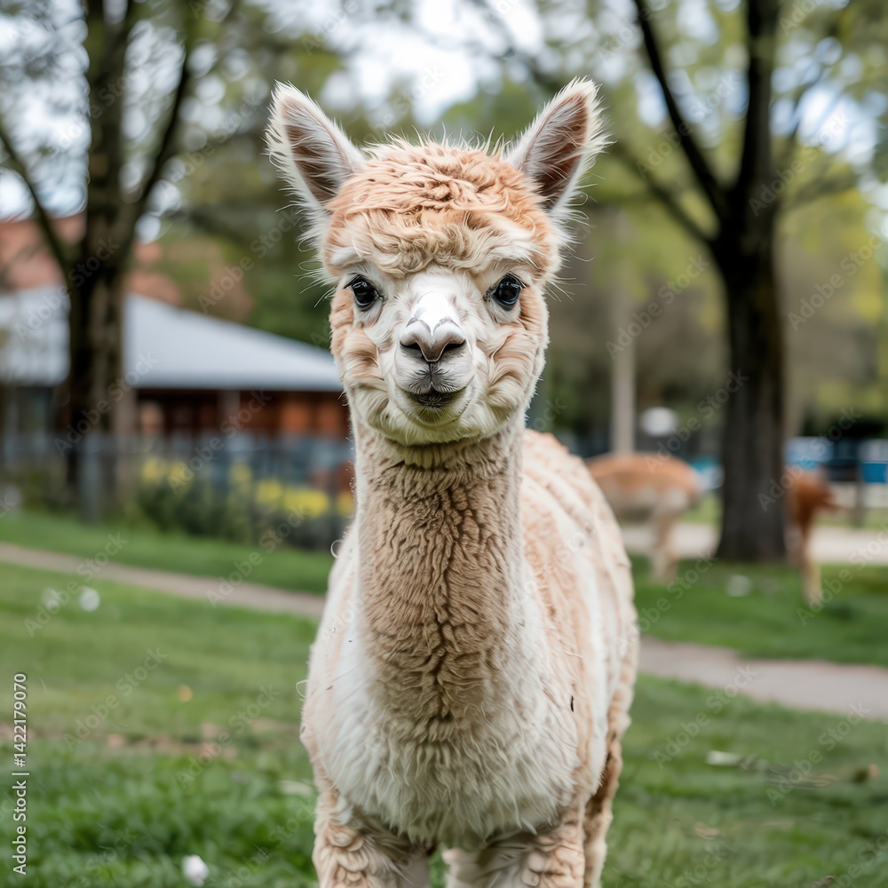 Obraz premium Cute Baby Alpaca Stands in Green Pasture Surrounded by Trees in Bright Daylight