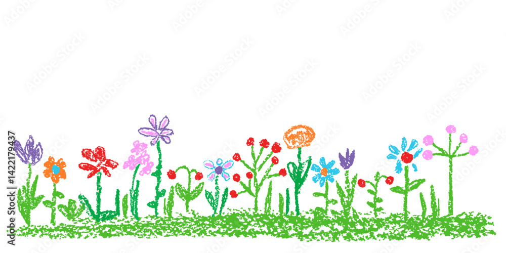 Like kids hand drawn crayon colorful funny flowers, green grass scene. Cute spring and summer cartoon meadow, field, lawn, nature outdoor. Vector doodle pastel chalk or pencil bright background banner