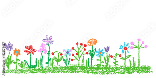Obraz na płótnie Like kids hand drawn crayon colorful funny flowers, green grass scene. Cute spring and summer cartoon meadow, field, lawn, nature outdoor. Vector doodle pastel chalk or pencil bright background banner w salonie