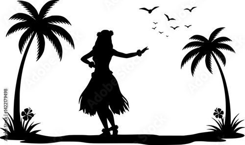 Hula Silhouette: A silhouette captures the graceful essence of a hula dancer. The iconic tropical scene, framed by palm trees and flowers, invites you to envision the vibrant culture and joyous dance	