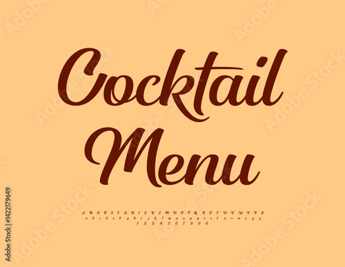 Vector Fashion template Cocktail Menu with Stylish Cursive Font. Beautiful Calligraphic set of Alphabet Letters and Numbers