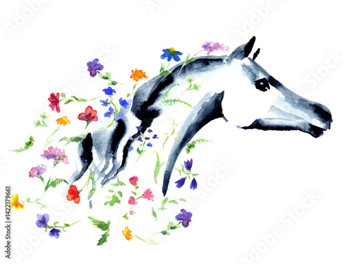 Obraz na płótnie Watercolor or ink hand drawn elegant Arabian horse head with wild flowers on white. Hand painting beauty romantic Japanese style vector silhouette w salonie