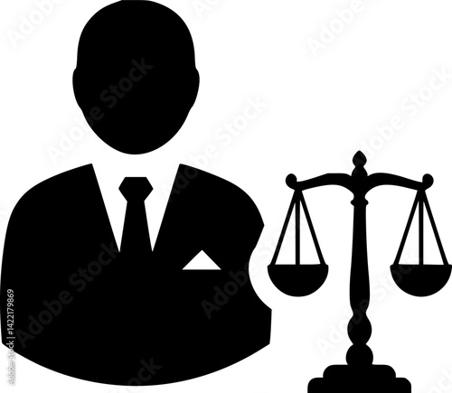 Law and Justice Icon: A bold and minimalist icon depicting a lawyer with a scale of justice. The simple, black-and-white design conveys a sense of authority and legal representation.	