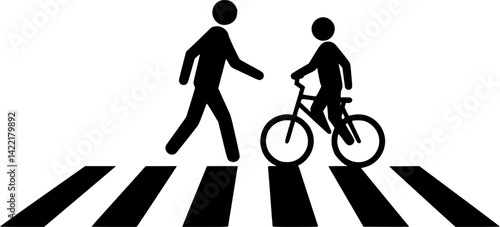Pedestrian and Bicycle Crossing: A simple yet powerful icon representing a person walking and pushing a bicycle across a crosswalk. Emphasize safe pedestrian and cyclist interaction