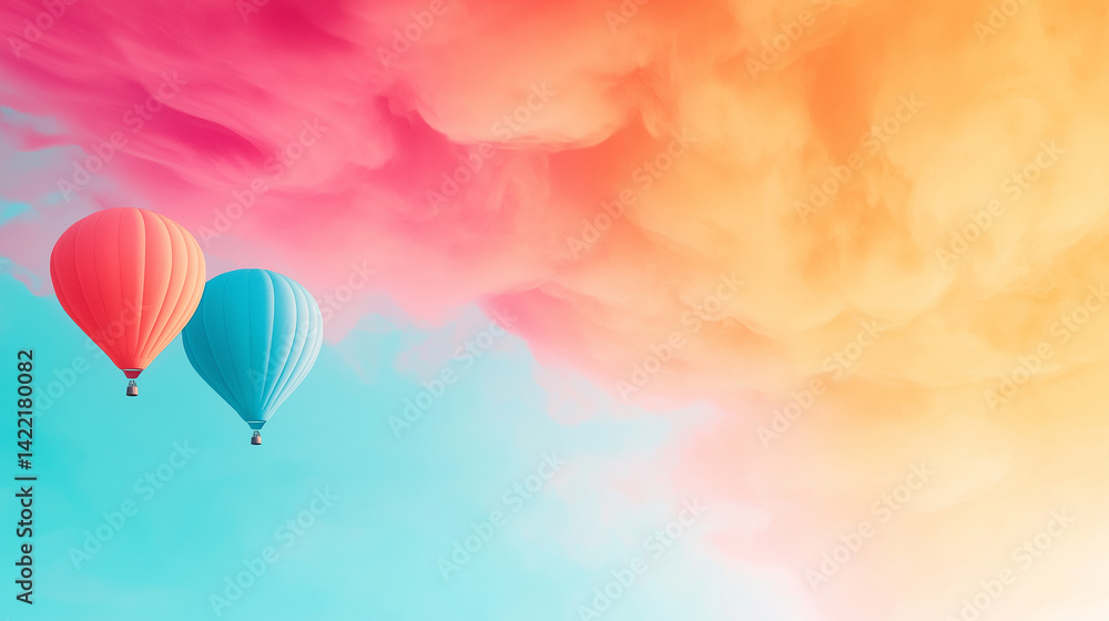 Fototapeta premium Two hot air balloons floating in a colorful sky with pink orange and blue hues creating a dreamlike scene