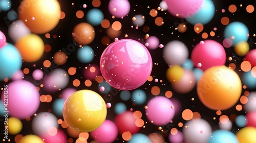 Fototapeta Naklejka Na Ścianę i Meble -  Colorful array of small, round, multi-colored balls. The balls are scattered throughout the image, with some closer to the foreground and others further in the background