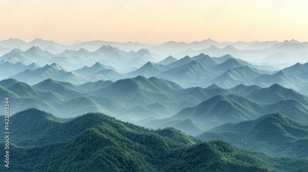 Fototapeta premium Cascading Mountain Range Serenity with Misty Layers and Tree Covered Peaks Under Dawn Sky Hues