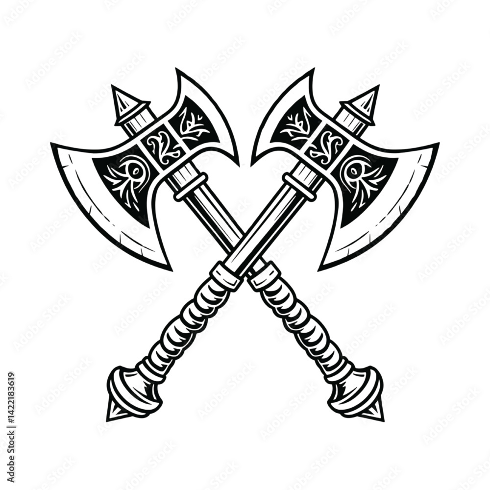 Crossed Battle Axes with Ornate and Symmetrical Patterns