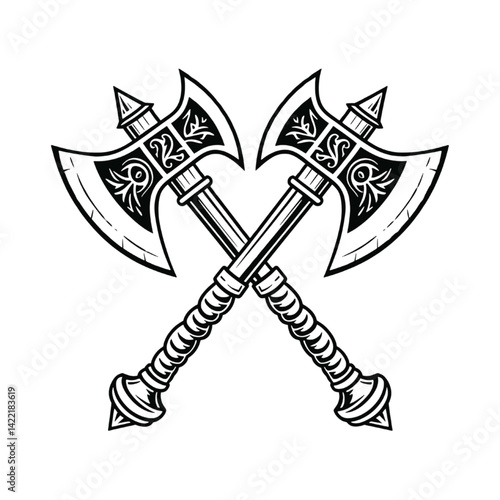 Obraz na płótnie Crossed Battle Axes with Ornate and Symmetrical Patterns w salonie