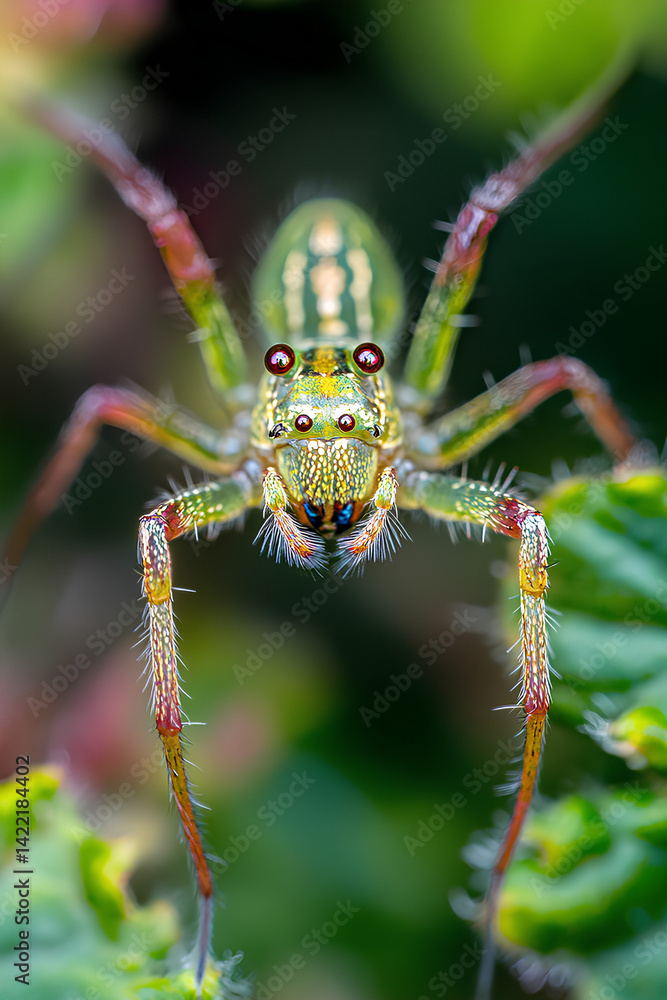 Fototapeta premium Macro shot of green spider with sharp focus on eyes and hairs