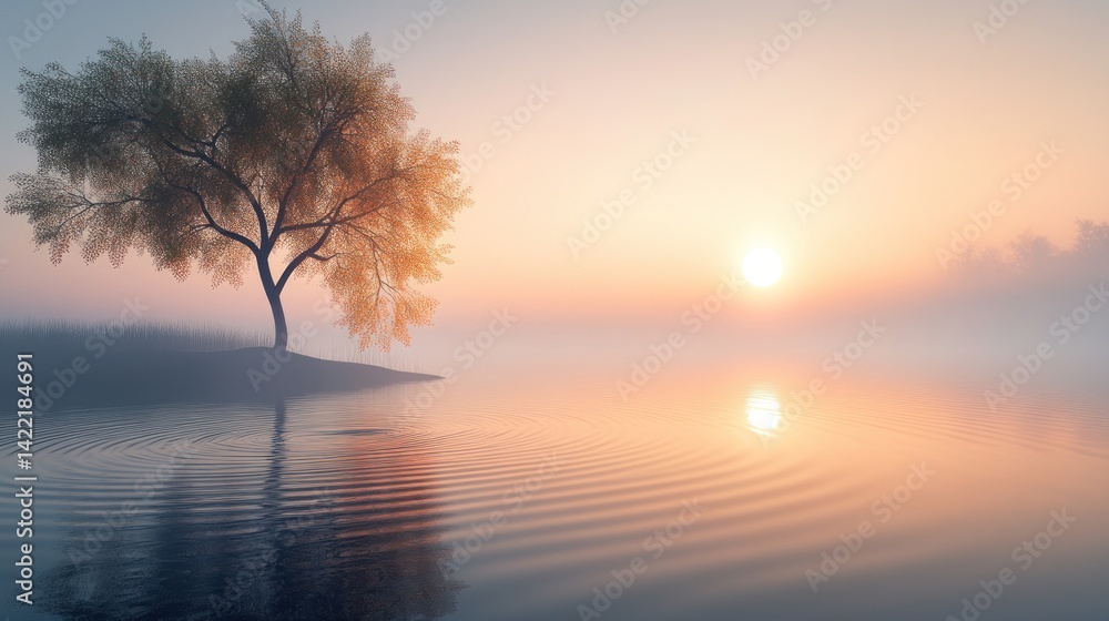 Tranquil sunrise over a misty lake with a lone tree. Tranquil sunrise over a misty lake with a lone tree.