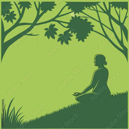 Meditating person under tree in green nature setting